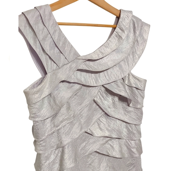 Adrianna Papell Silver Shimmer Ruffle Cocktail Party Dress - Picture 7 of 11